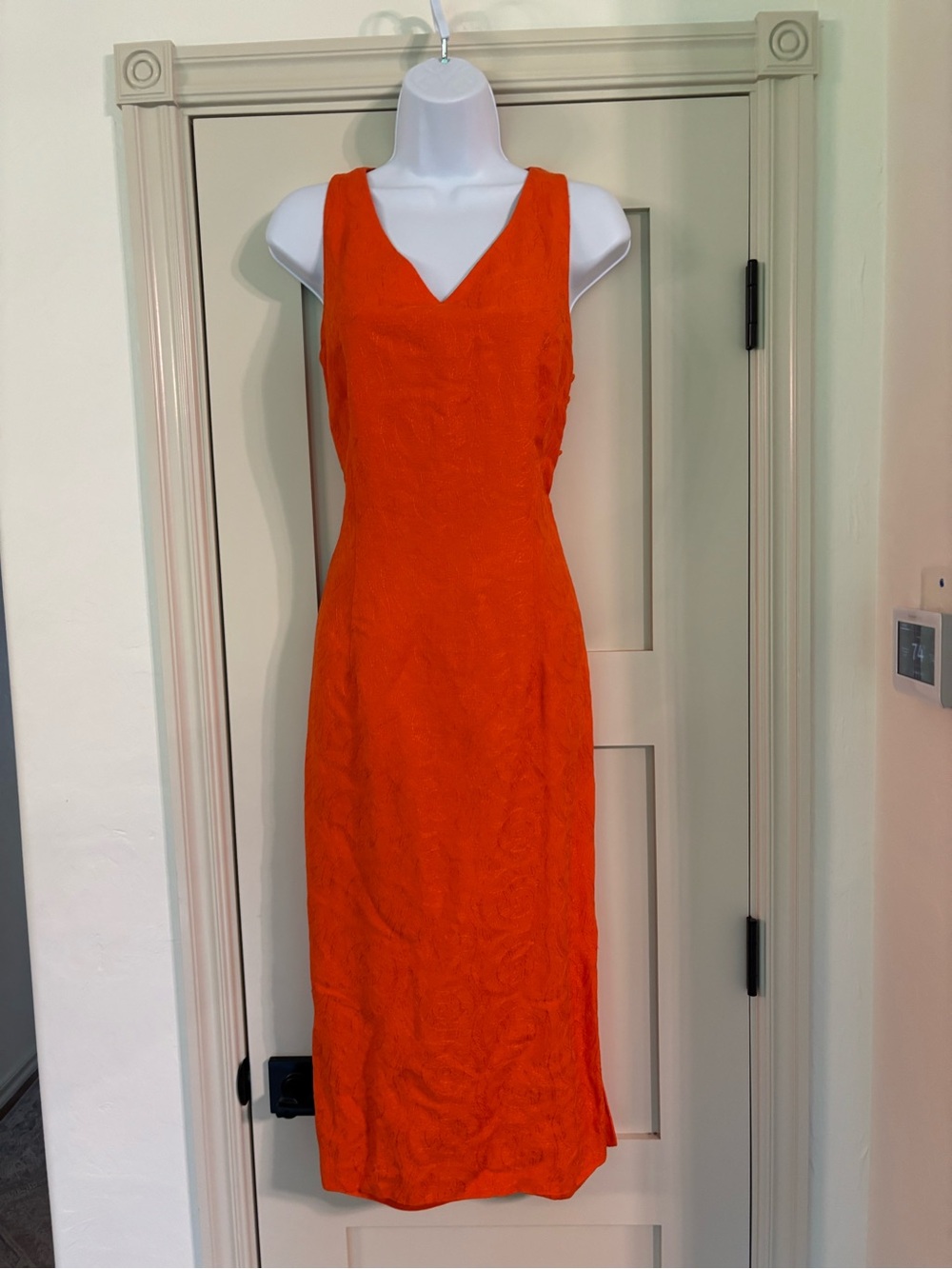 Donna Morgan Linen Blend Embroidered Sheath Burnt Orange Midi Dress Transitional